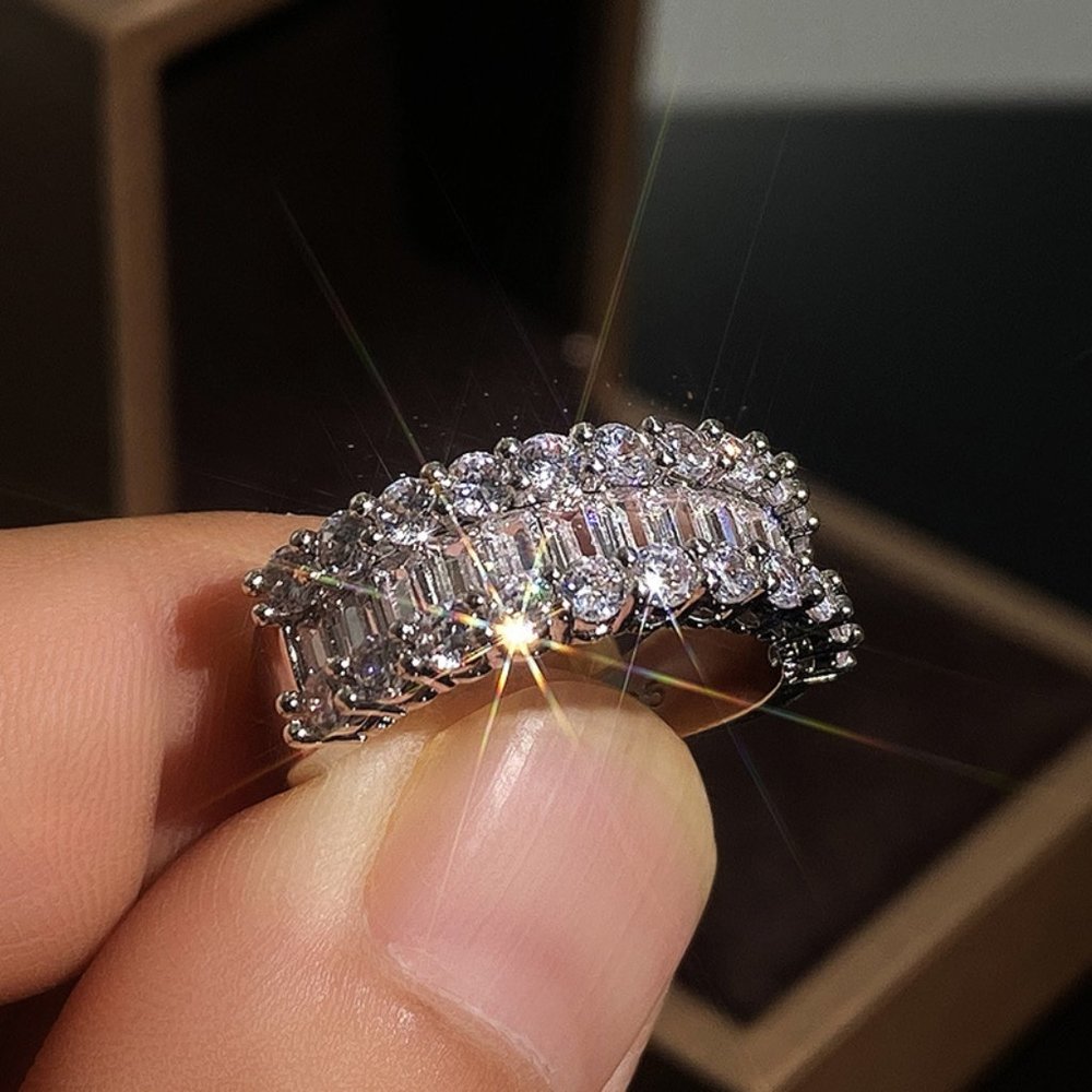 Size 7  Wedding Copper Plated Platinum Ladder Cubic Zirconia Engagement Ring